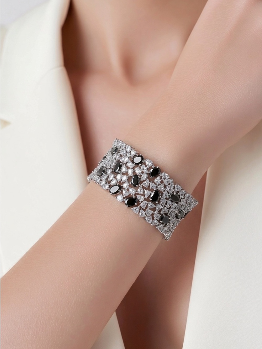 Silver and Black Crystal Statement Bracelet - Women Jewelry